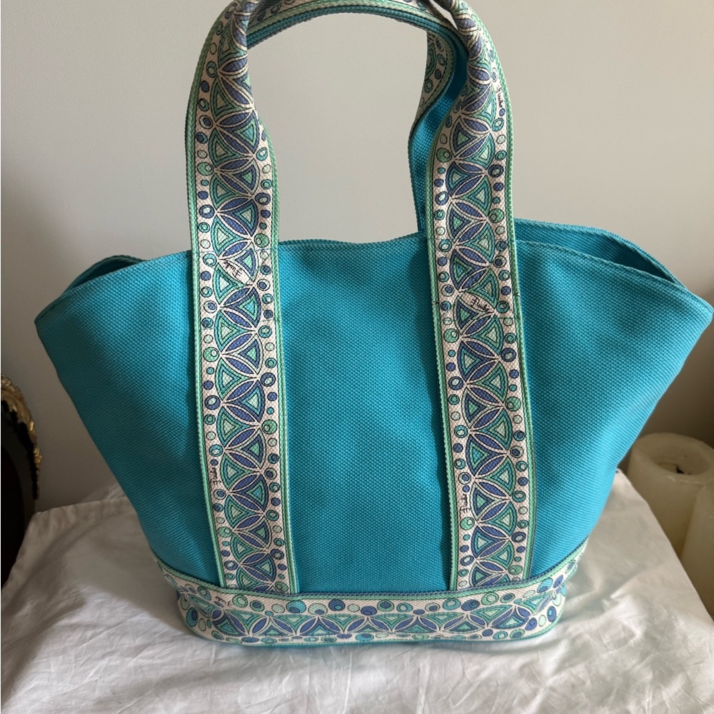 Emilio Pucci Blue and Cream Tote Bag with Glitter Straps